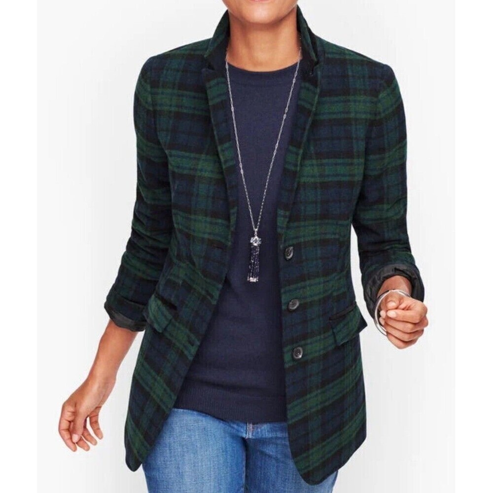 Talbots 6P Green Black Watch Tartan Plaid Long Wool Blend Blazer Jacket NEW - Picture 2 of 11